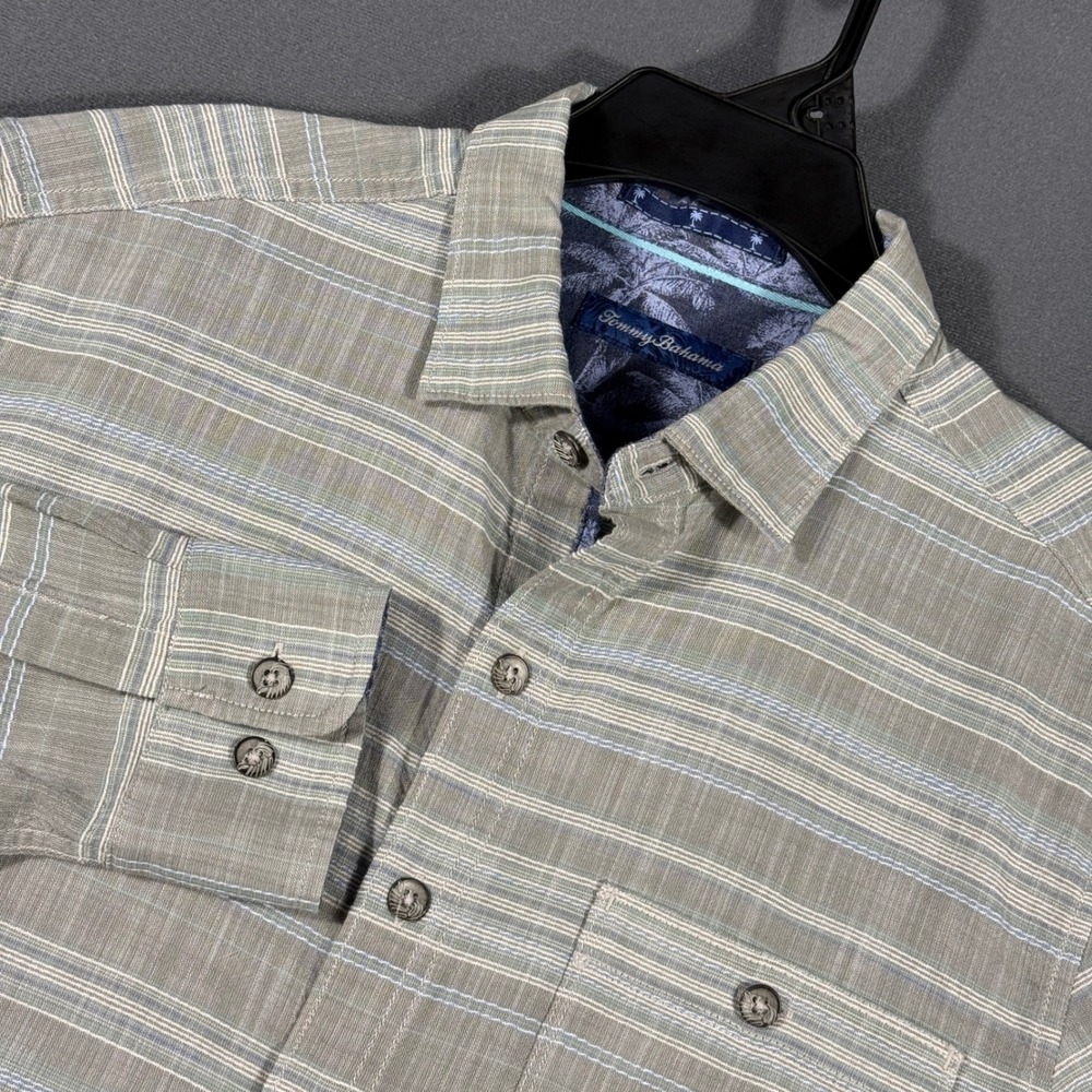 Tommy Bahama Shirt Mens Medium Green Striped Long Sleeve Button Front Casual Top